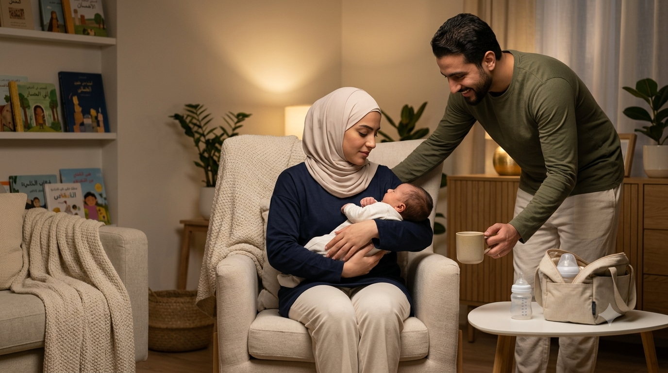 أم تحمل رضيعها بينما يقدم الأب الدعم خلال وقت التغذية في منزل دافئ، في مشهد يعكس الطمأنينة واتخاذ قرار الرضاعة الطبيعية أو الصناعية بثقة.