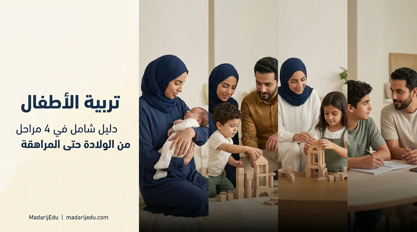 أسرة عربية تتفاعل مع أطفالها في مراحل عمرية مختلفة، من الطفولة المبكرة حتى المراهقة، في مشهد يعكس تطور أساليب التربية مع نمو الطفل.