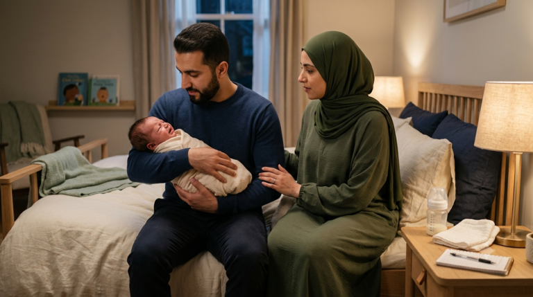 أب وأم عربيان يهدئان رضيعهما الباكي بهدوء داخل غرفة نوم منزلية دافئة، في مشهد يعبر عن الاستجابة الهادئة لبكاء الرضيع والتعاون بين الوالدين.