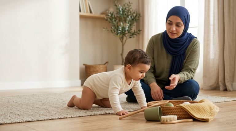 أم تراقب رضيعًا بعمر 8 أشهر يستكشف سلة تحتوي على أدوات منزلية آمنة داخل منزل عربي معاصر.