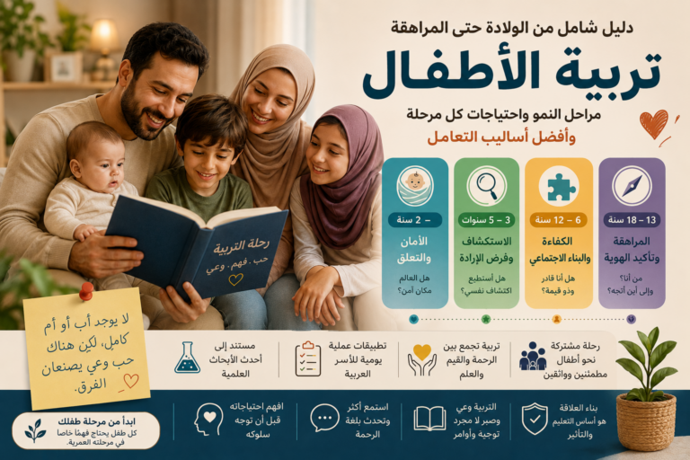 انفوجرافيك يوضح مراحل نمو الطفل واحتياجاته من الولادة حتى المراهقة - دليل تربية الأطفال منصة مدارج