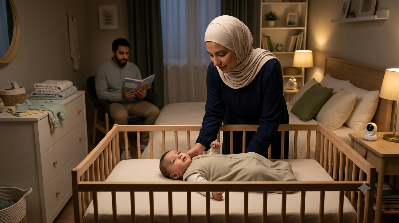 أم عربية محجبة تضع رضيعها النعسان في مهده بأمان ضمن روتين نوم هادئ، بينما يشارك الأب في تهدئة الطفل داخل غرفة نوم دافئة.