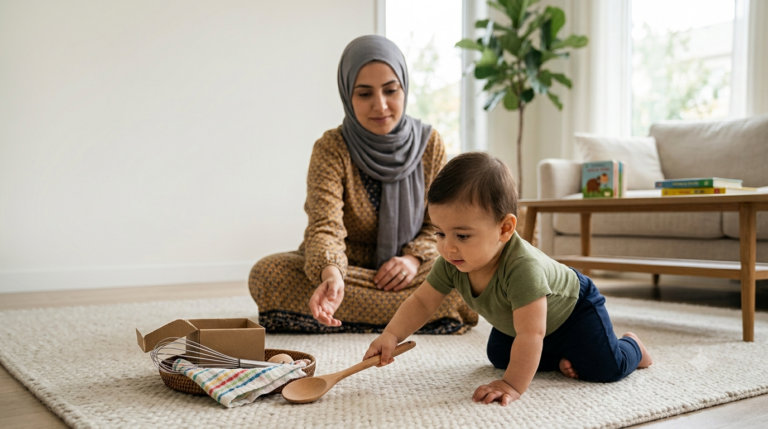 رضيع عربي بعمر 8 أشهر يزحف لاستكشاف سلة كنوز آمنة بينما تراقبه والدته وتشجعه على الاستقلالية داخل المنزل.