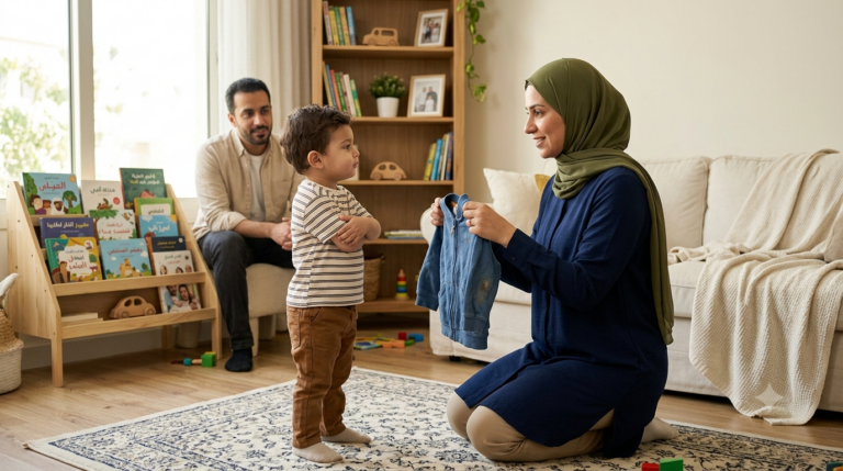 أم تتعامل بهدوء مع طفلها البالغ عامين بعد رفضه ارتداء معطفه، في مشهد يعكس عناد الطفل بعمر السنتين واستقلاليته بطريقة تربوية إيجابية.