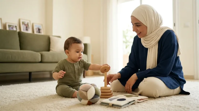 رضيع يستكشف ألعابًا بسيطة مناسبة لعمره أثناء اللعب