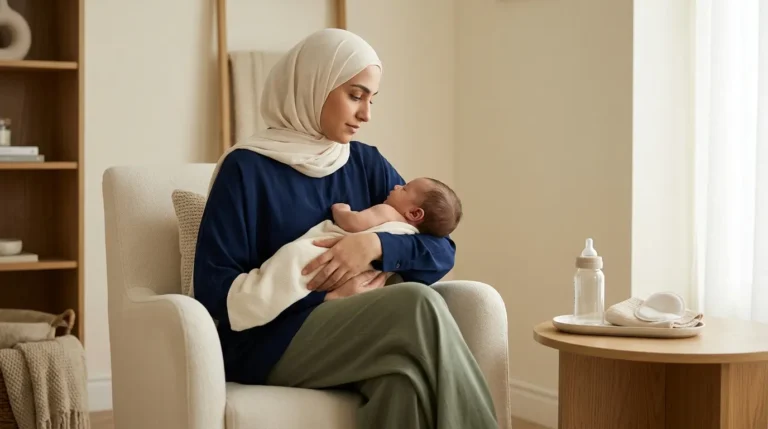 أم تحمل رضيعها وتفكر في اختيار طريقة التغذية المناسبة