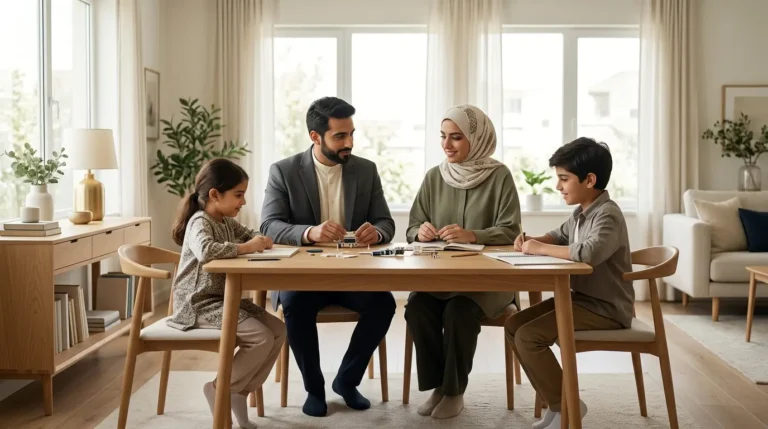 أسرة عربية تتعاون في أجواء دافئة تعكس الترابط والعلاقات الصحية