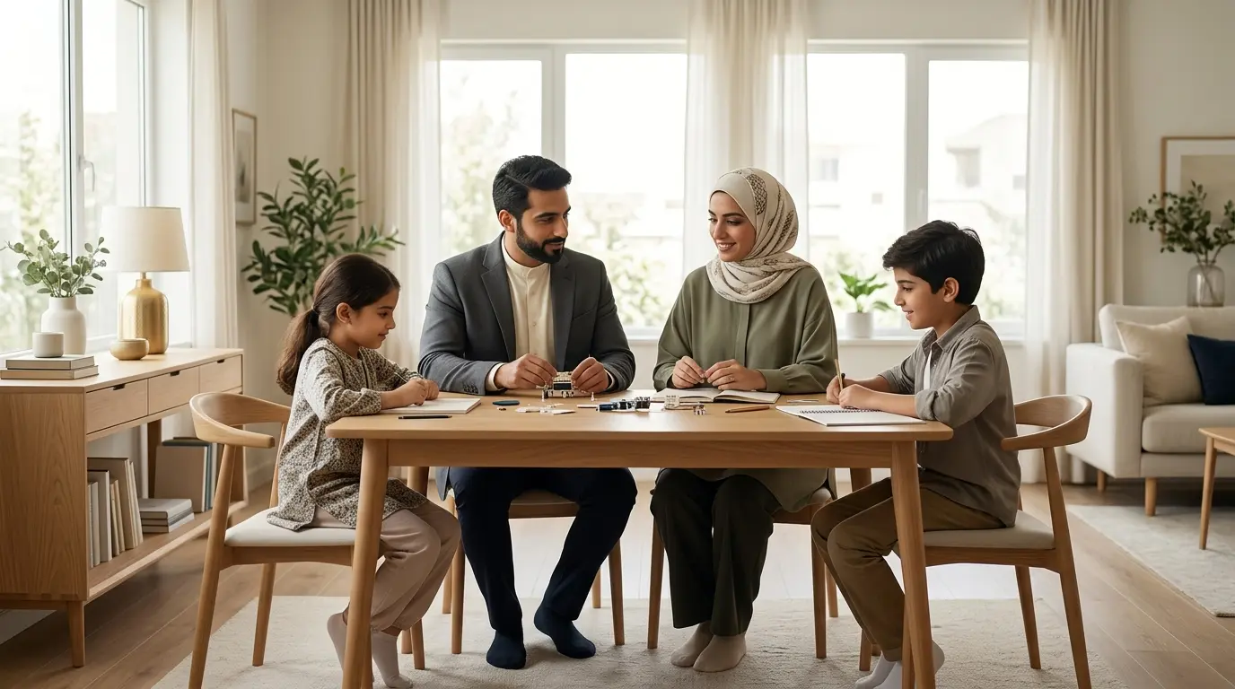 أسرة عربية تتعاون في أجواء دافئة تعكس الترابط والعلاقات الصحية