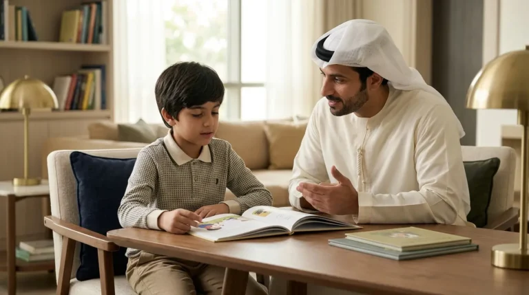 طفل يقرأ بطلاقة ويناقش معنى ما قرأه مع والده