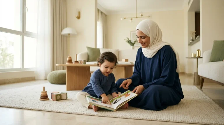 طفل صغير يستكشف محيطه مع دعم أحد والديه