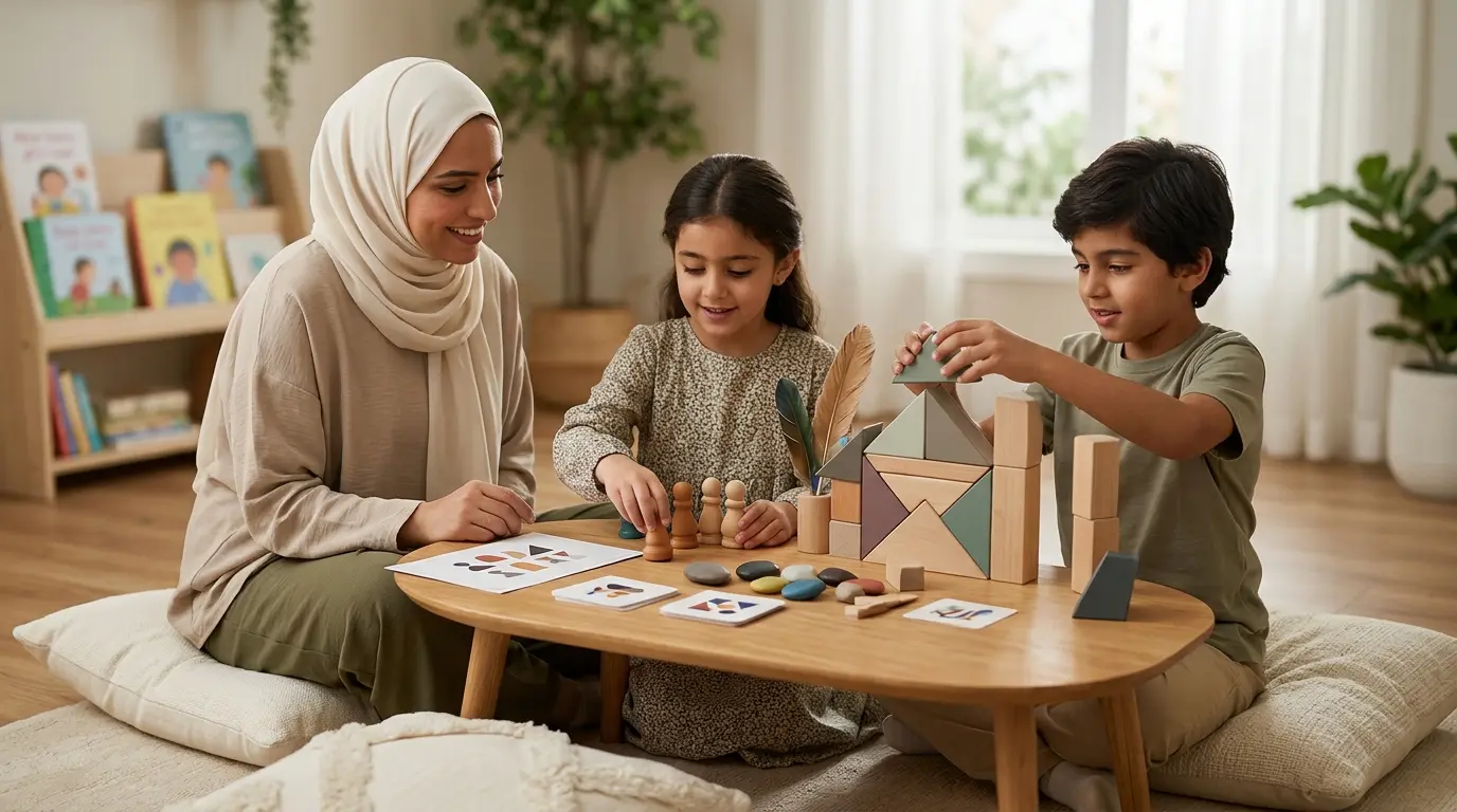 طفلان يشاركان في نشاط تعليمي عملي داخل المنزل مع والدتهما