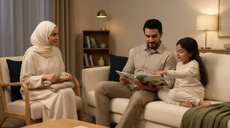أسرة عربية تستمتع بقراءة كتاب معًا ضمن روتينها اليومي