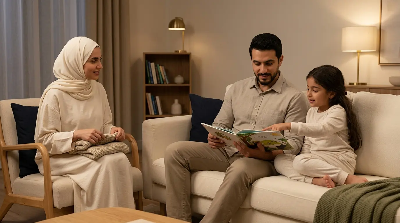 أسرة عربية تستمتع بقراءة كتاب معًا ضمن روتينها اليومي
