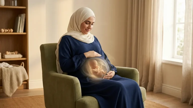 امرأة حامل تضع يدها على بطنها مع تصور لنمو الجنين داخل الرحم