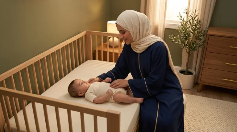 أم تهدئ رضيعها وتساعده على الاستعداد للنوم في أجواء هادئة