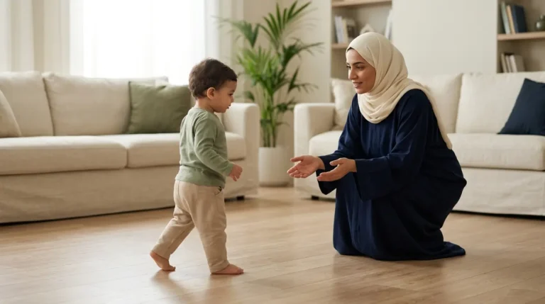 طفل يخطو خطواته الأولى بثقة أمام أحد والديه
