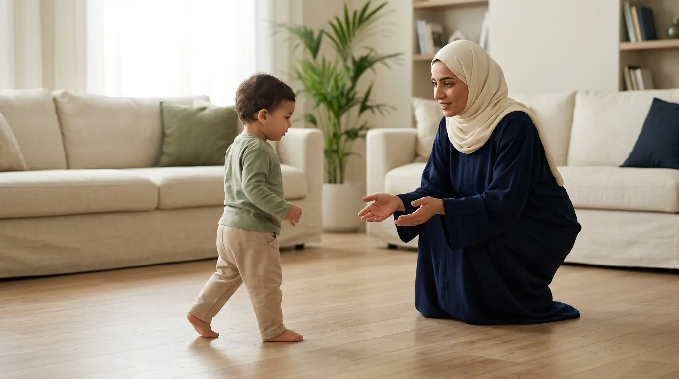 طفل يخطو خطواته الأولى بثقة أمام أحد والديه