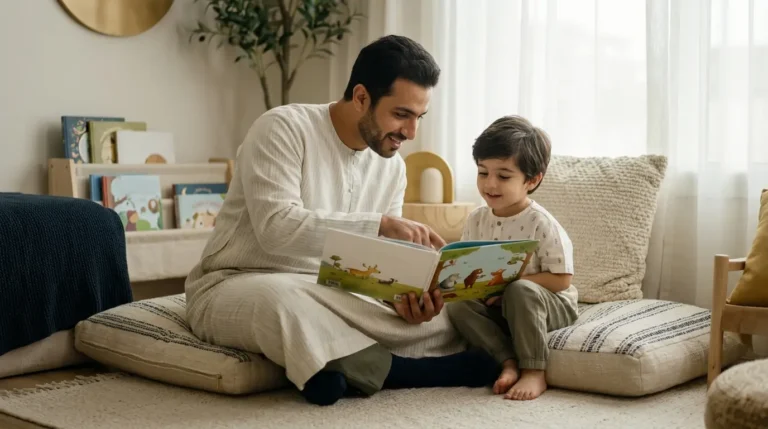أب يقرأ كتابًا مصورًا مع طفله قبل دخول المدرسة
