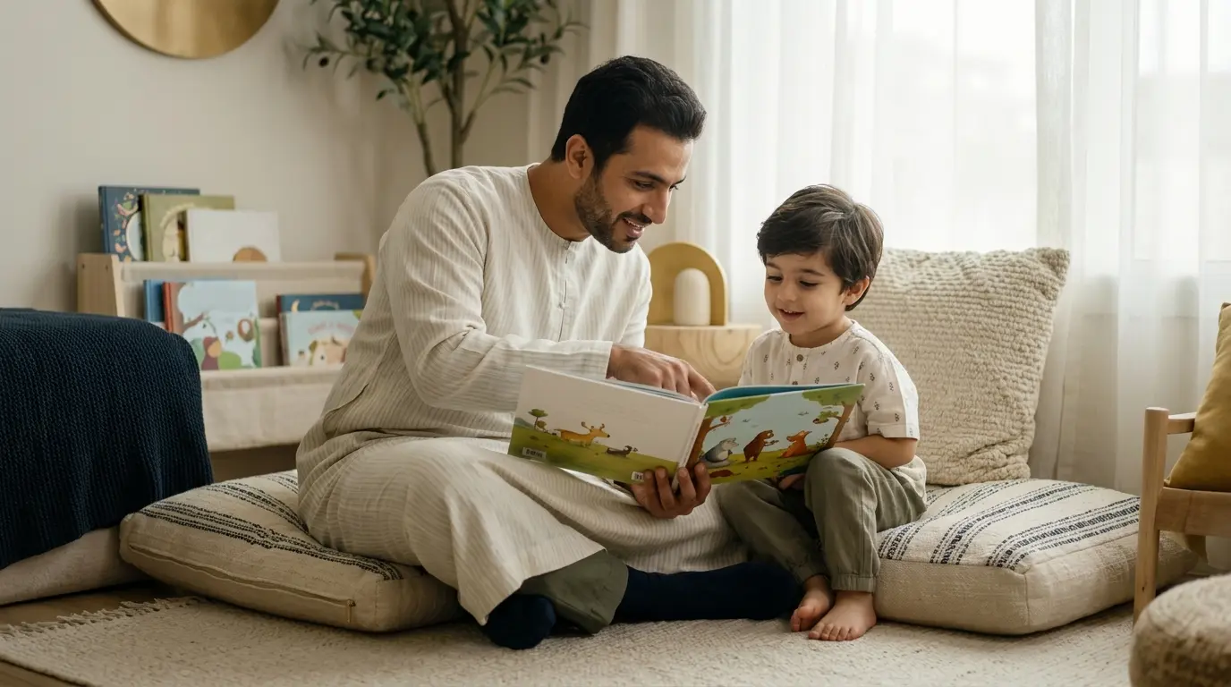 أب يقرأ كتابًا مصورًا مع طفله قبل دخول المدرسة