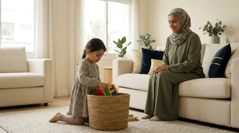 طفل صغير يرتب ألعابه بنفسه بينما يشجعه أحد والديه