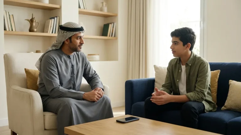 أب يتحدث مع ابنه المراهق عن الاستخدام المتوازن للتقنية