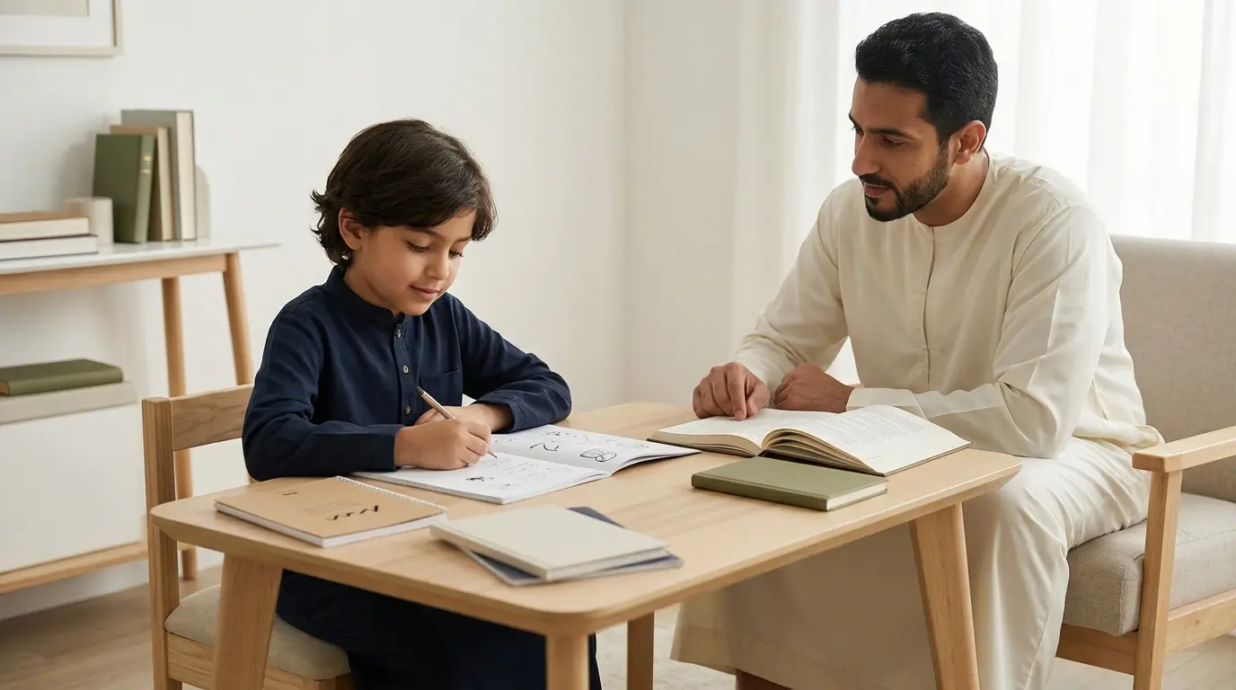 طفل في سن المدرسة يدرس باستقلالية بينما يدعمه والده