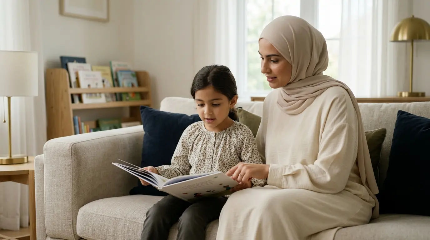 طفل يقرأ كتابًا مع والدته لتنمية مهارات القراءة واللغة