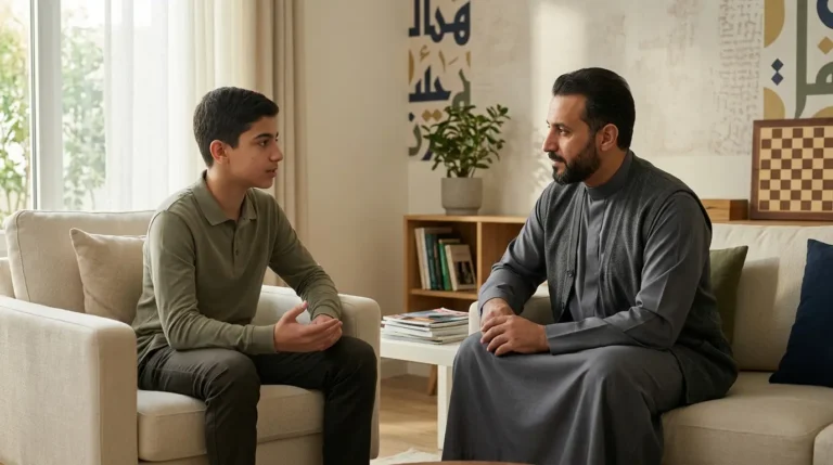 أب يستمع إلى ابنه المراهق بهدوء وتفهم