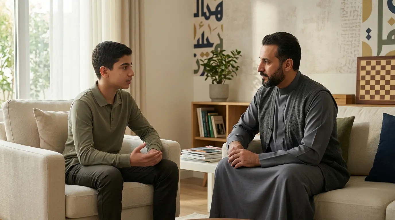 أب يستمع إلى ابنه المراهق بهدوء وتفهم