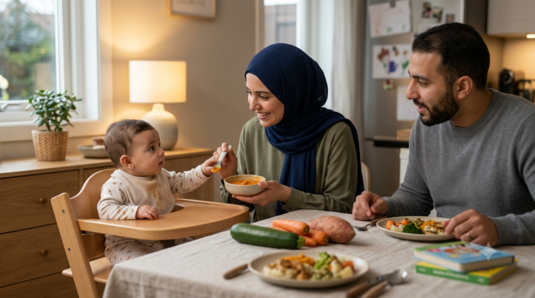 أم تقدم أول وجبة طعام مهروسة لطفلها الجالس في كرسي الطعام بينما يشاركه الأب اللحظة، في مشهد يعكس بداية التغذية التكميلية بأمان وطمأنينة.