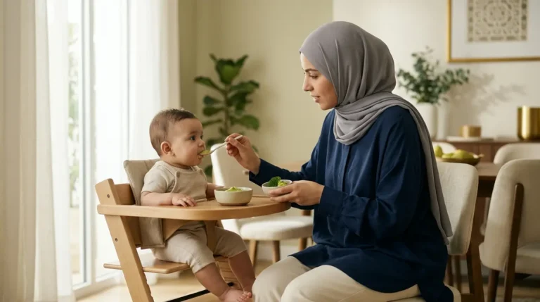 أم تقدم الطعام الصلب لطفلها الرضيع لأول مرة