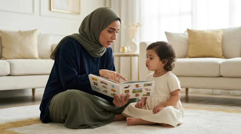 والد يقرأ كتابًا مصورًا مع طفل صغير لتنمية مهاراته اللغوية