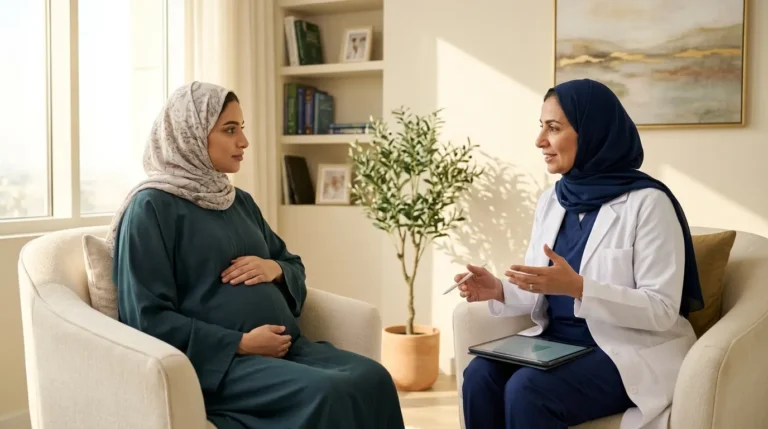 امرأة حامل تناقش خيارات الولادة مع طبيبتها