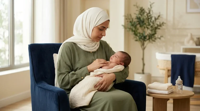أم تعتني بمولودها الجديد في المنزل خلال الشهر الأول