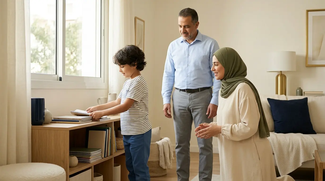طفل يتعلم تحمل المسؤولية بدعم والديه في أجواء إيجابية