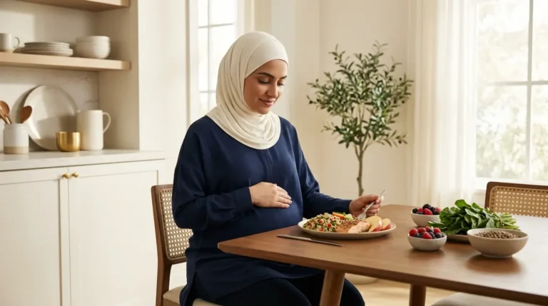 امرأة حامل تختار غذاءً متوازنًا وصحيًا أثناء الحمل