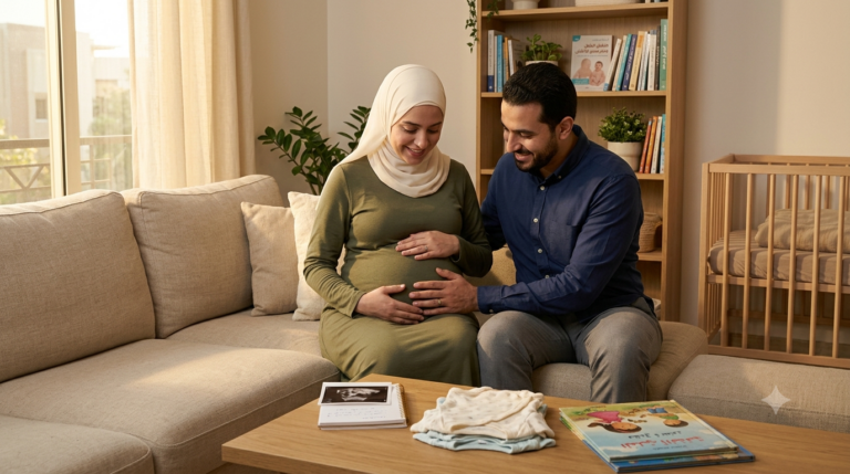 زوجان عربيان يستعدان لاستقبال مولودهما الأول خلال فترة الحمل في أجواء أسرية دافئة.