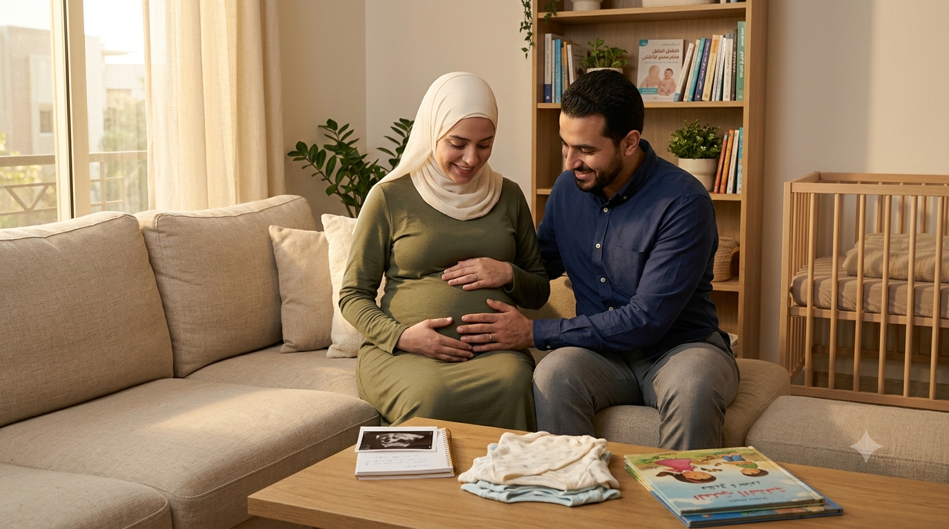 زوجان عربيان يستعدان لاستقبال مولودهما الأول خلال فترة الحمل في أجواء أسرية دافئة.