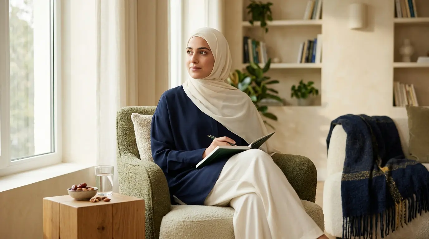 امرأة عربية تستعد للحمل نفسيًا وجسديًا في أجواء منزلية هادئة