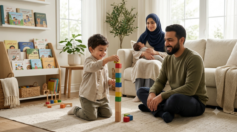 طفل في الرابعة من عمره يبني برجًا من المكعبات بينما يشجعه والداه في المنزل، في مشهد يعبر عن نمو الطفل بين 3 و5 سنوات والاستقلالية والتعلم باللعب.