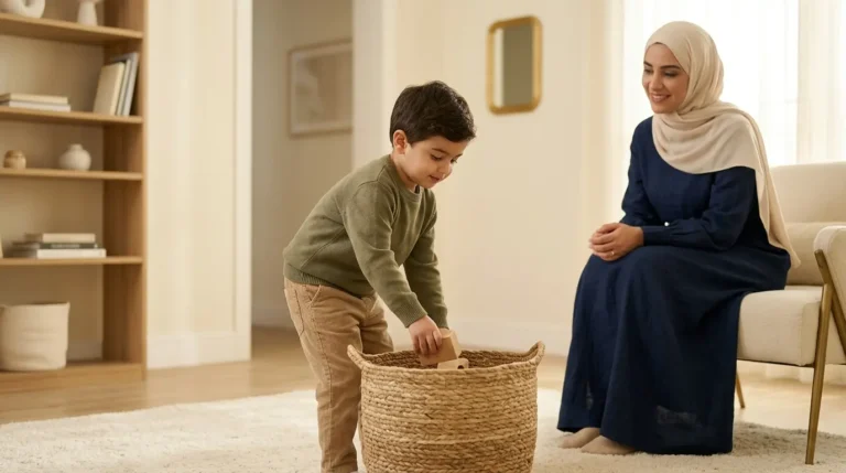 طفل يعتمد على نفسه في أداء مهمة بسيطة بينما يراقبه أحد والديه بدعم واهتمام