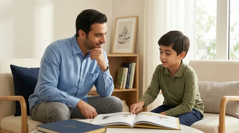 طفل يناقش ما قرأه مع والده لتنمية الفهم القرائي والتفكير