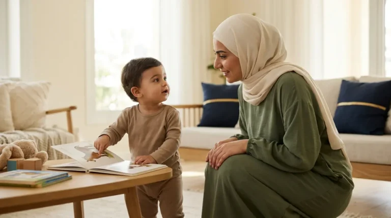 طفل صغير يتواصل مع أحد والديه أثناء ملاحظة تطور كلامه