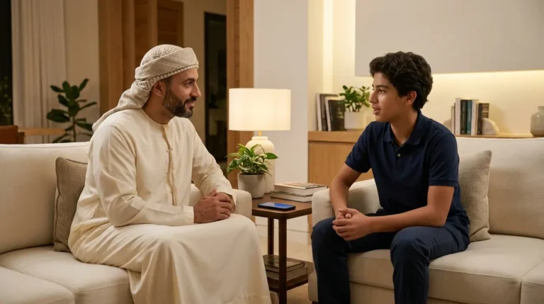 أب يتحاور بهدوء مع ابنه المراهق حول استخدام الهاتف