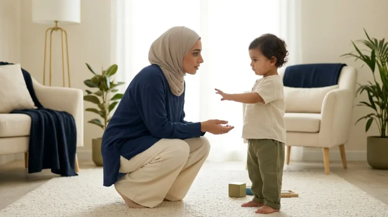 طفل بعمر السنتين يرفض طلبًا بينما يتعامل معه أحد والديه بهدوء
