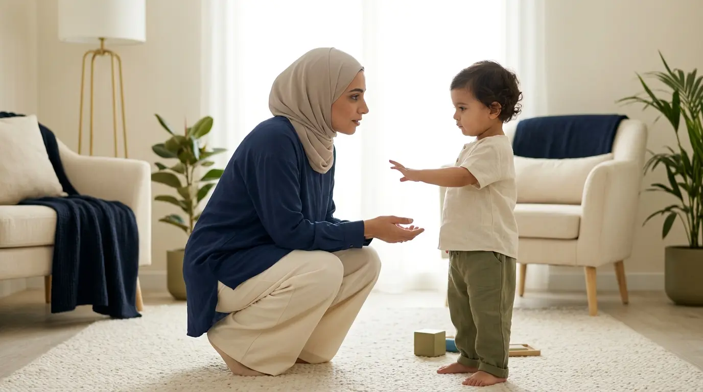 طفل بعمر السنتين يرفض طلبًا بينما يتعامل معه أحد والديه بهدوء
