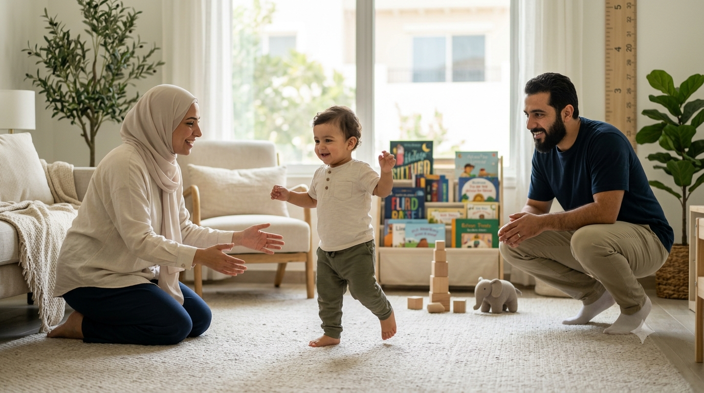 طفل بعمر نحو سنة يخطو خطواته الأولى بثقة داخل المنزل بينما يشجعه والداه في بيئة آمنة وداعمة، في مشهد يعبر عن تعلم المشي عند الأطفال وتنمية الثقة والاستقلالية دون استعجال أو ضغط.