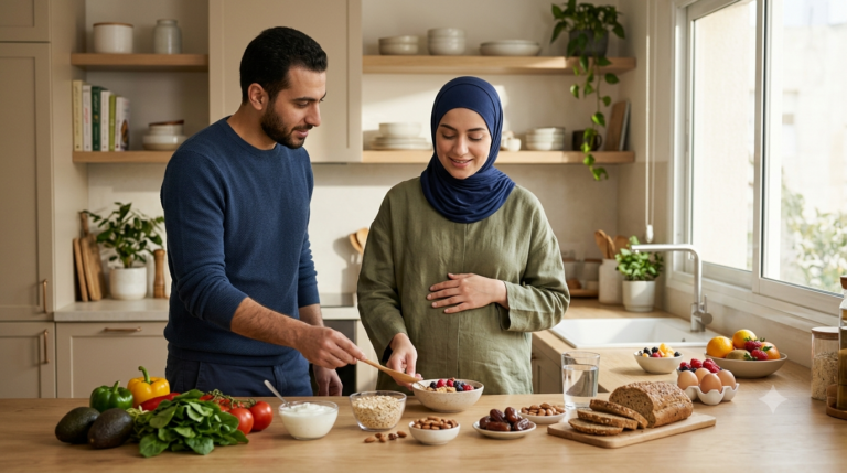 امرأة حامل مع زوجها يحضّران وجبة صحية متوازنة في المطبخ تضم الخضراوات والفواكه والبيض والزبادي والمكسرات لدعم تغذية الحامل ونمو الجنين.