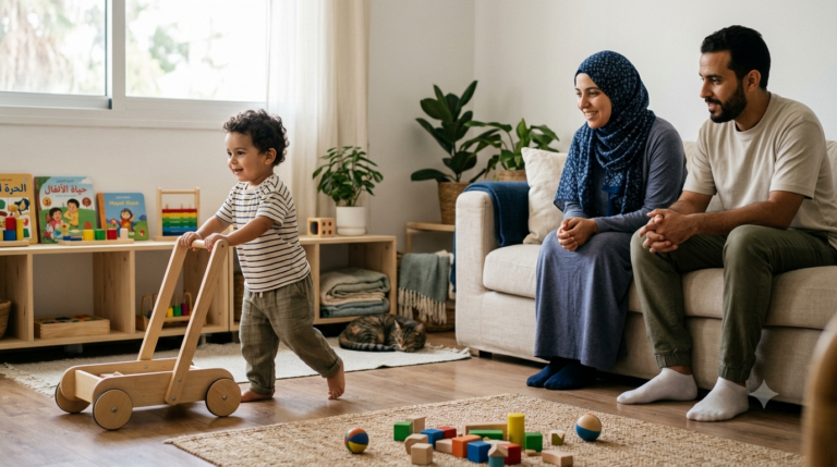 طفل دارج بعمر سنتين يستكشف المنزل بثقة بينما تراقبه والداه في بيئة آمنة وداعمة تعزز النمو والاستقلالية.