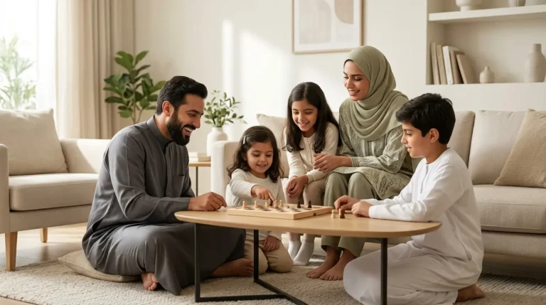أسرة عربية تقضي وقتًا ممتعًا معًا في نشاط عائلي منزلي